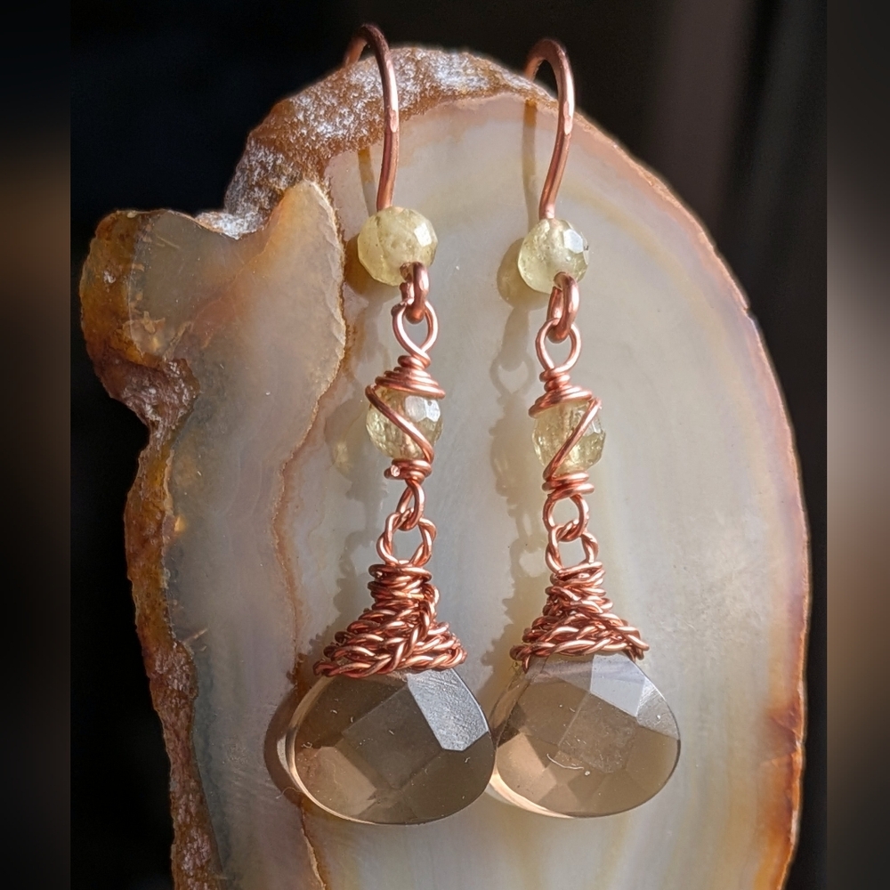 Smokey Quartz Earrings Green Garnet Accents Dangle Drop Artisan Handmade - Picture 2 of 12